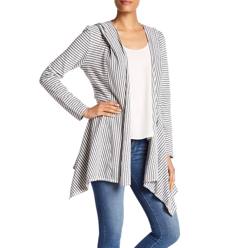 Max Studio Cardigan Womens S Black White Open Front Long Sleeve Hood Cotton